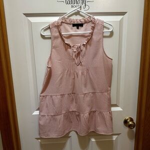 Sanctuary Pink White Gingham Tiered Sleeveless Blouse Ruffle Tie‎ Neck Size M